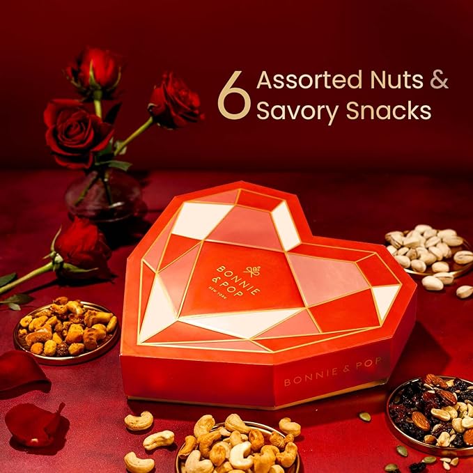 Valentine's Day Gift Basket, Heart Box with Gourmet Nuts Assortment, Premium Mixed Nuts Variety Pack for Wife, Girlfried, Mom, Women, Girl, Spouse- Bonnie and Pop