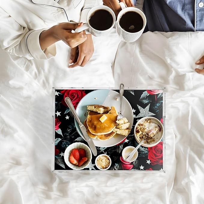 Clear Serving Tray with Handles Silver Stars Red Roses Acrylic Tray for Bed 12 x 16 Spill-Proof decoración