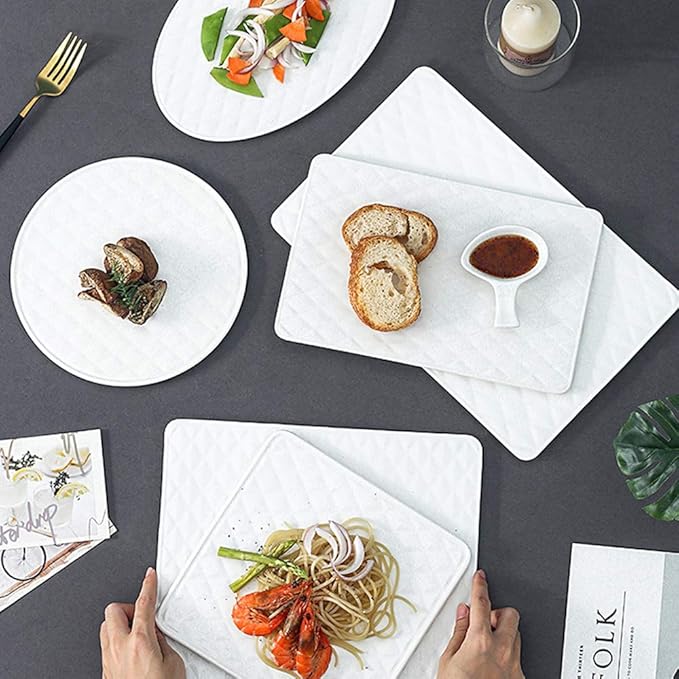 SHINING Ceramic Dessert Appetizer Plates Square And Rectangular Diamond Grain Salad Plates for Fruit Cheese Dessert Lunch (12", Rectangle Plate)