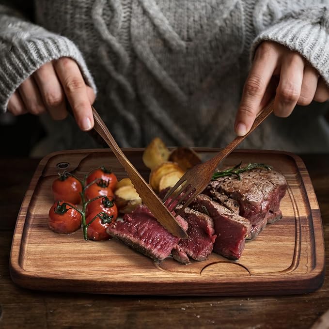 Hushee 16 Pcs Acacia Wooden Steak Plates Board Serving Tableware Set Include Wooden Plates with Juice Channel, Knives, Forks and Spoons for Christmas Kitchen Gift for Steak Lovers