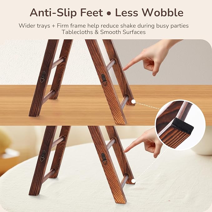 3-Tier Wooden Cupcake & Dessert Display Stand with Swing Frame – Rustic Torch-Finished Pine, Extra Wide 5.1" Trays, Pre-Assembled with Anti-Slip Pads, Party & Wedding Cake Holder