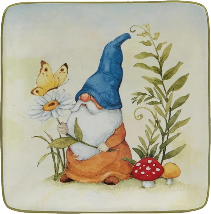Certified International Garden Gnomes 6" Canape/Luncheon/Appetiser Plates, Assorted Designs, Small, Multicolor, Set of 4