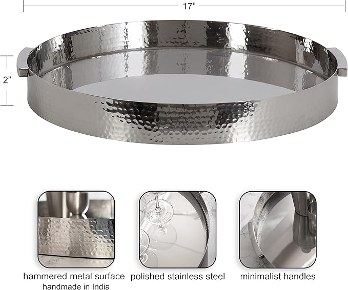 Kate and Laurel Samana Modern Glam Round Metal Tray; 16 Inch Diameter; Silver; Circular Polished Stainless Steel Decorative Tray with Hammered Surface and Minimalist Handles