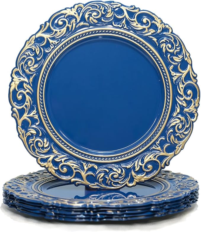 Antique Charger Plates with Gold Rim, 13 Inch Royal Blue Dinner Plate Chargers Round Server Ware, Set of 6 Plastic Embossed Charger for Dinner, Wedding, Elegant Tableware Decor