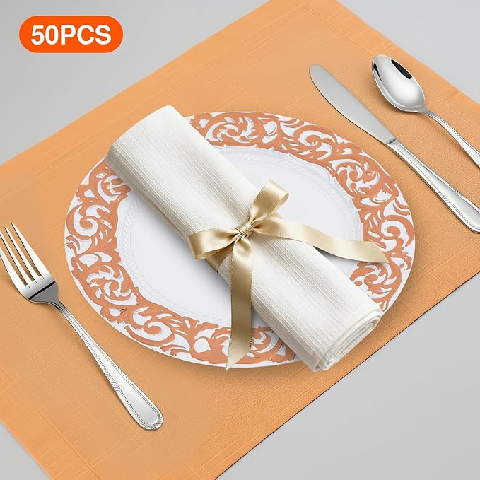 50 Pcs Antique Charger Plates Bulk 13" Round Floral Chargers for Dinner Plates, White Charger Plates for Wedding, Party, Elegant Tabletop Decor (White+Rose Gold)