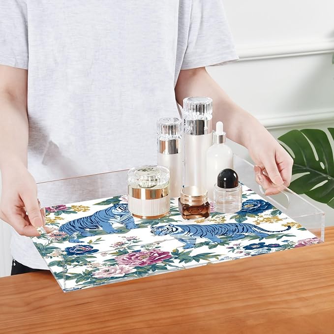 Serving Tray with Handles Clear Acrylic Tray 12x16 Inch Decorative Rectangular Tray Organizer for Ottoman Coffee Table Bathroom Floral Vintage Blue Tigers