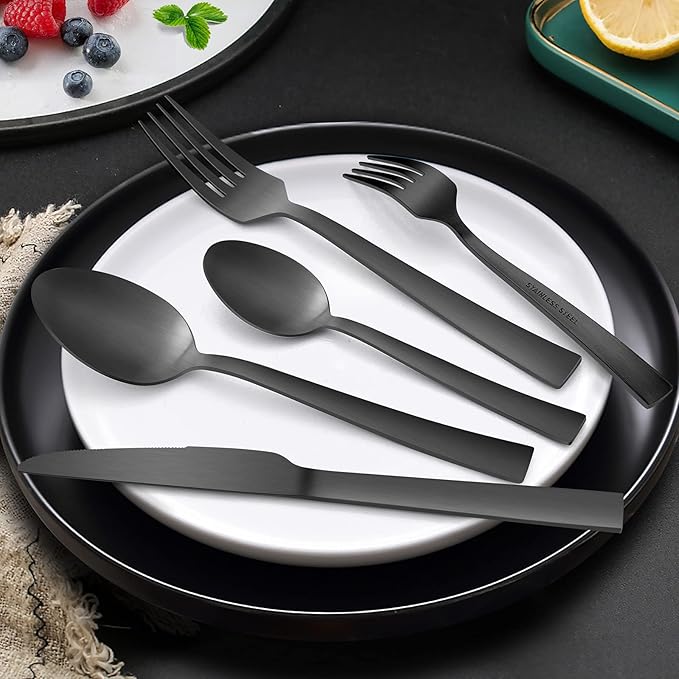 20-Piece Matte Black Silverware Set, E-far Stainless Steel Flatware Set Service for 4, Metal Cutlery Eating Utensils Tableware Includes Forks/Spoons/Knives, Square Edge
