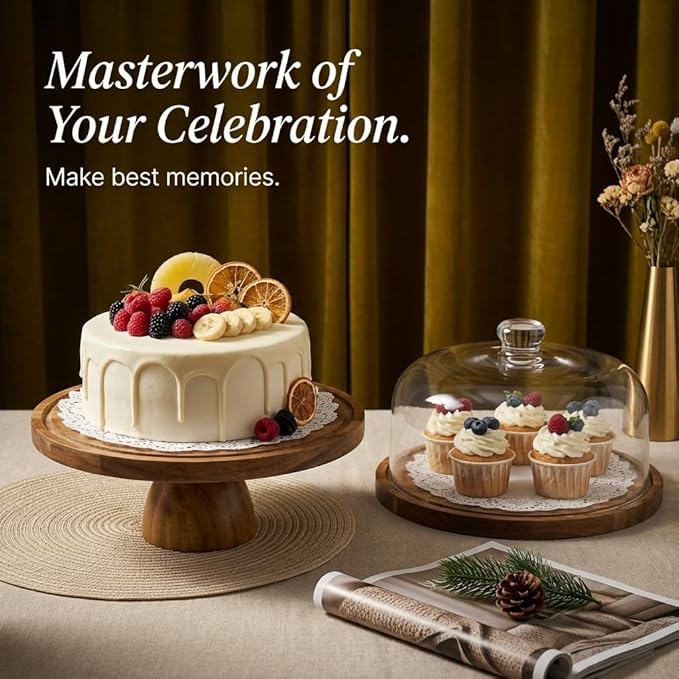 2-in-1 Multifunctional Cake Stand with Acrylic Dome, Rotating Cake Plate Acacia Wood Cake Stand with Acrylic Lid, Cake Decorating Turntable for Baking Gifts, Birthday Kitchen Party, Weddings