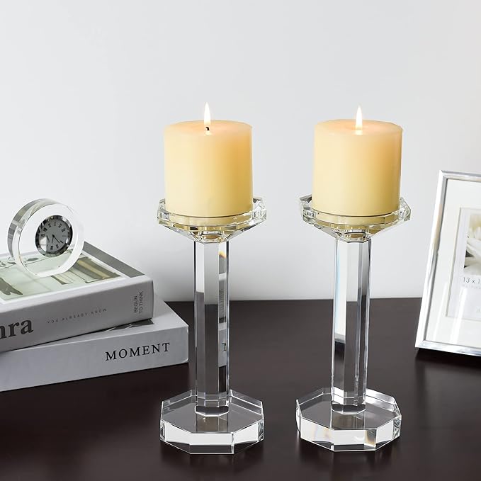 kitCom Crystal Candle Holders Set of 2, 8.27 Inch Tall Crystal Candlestick Holders for Taper, Long Candles or Tea Lights - Home Decoration, Wedding, Housewarming and Graduation Gifts