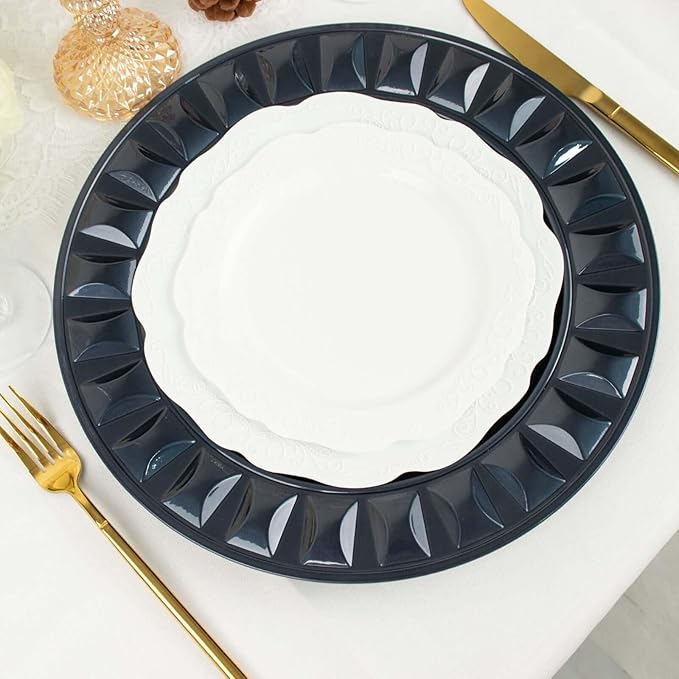 Efavormart 6 Pack | 13" Navy Blue Round Bejeweled Rim Plastic Dinner Serving Trays, Disposable Charger Plates