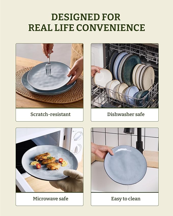 Famiware Ocean Round Plates and Bowls Set, 18 Pieces Dinnerware Sets, Dishes Set for 6, Reactive Glaze, Microwave and Dishwasher Safe, Scratch Resistant, Grey
