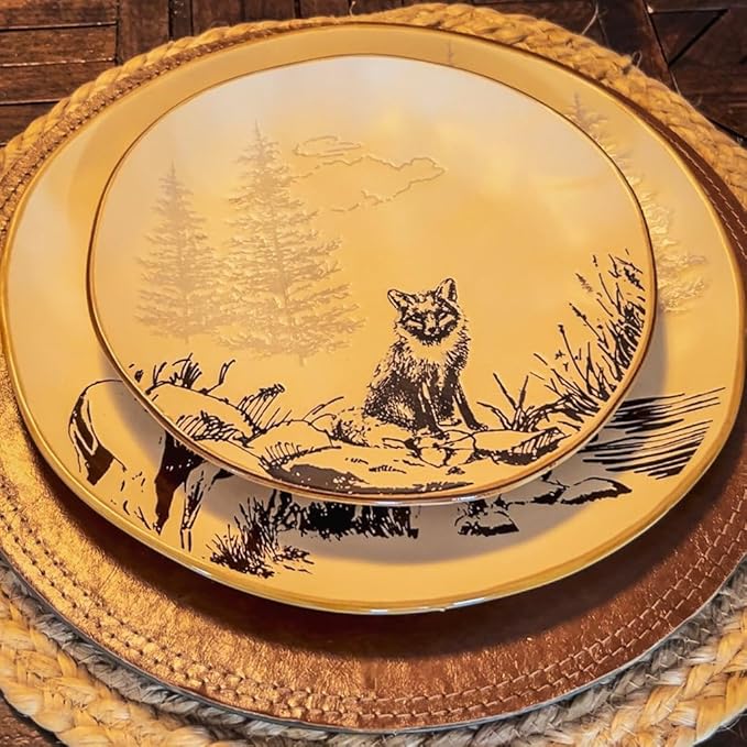 Paseo Road White Pine 16 Piece Ceramic Dinnerware Set, Pine Tree Bear Deer Moose Fox Print, Modern Rustic Cabin Lodge Dish Set with Plates, Bowls, Mugs