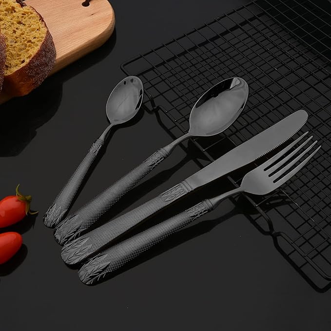 JASHII 304 Stainless Steel Hammered Silverware Set with Wheat Spike Pattern, Modern Eating Tableware Flatware Set, Service for 6. Flat Handle, Dishwasher Safe - Shiny Black