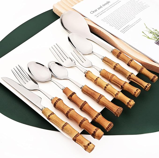 8pcs Silver Teaspoon, Stirring Spoon Bamboo Handle Ice Cream Spoon, Coffee Tea Spoon Set, Food Grade 18/10 Stainless Steel Tablespoons, 6.3-inch