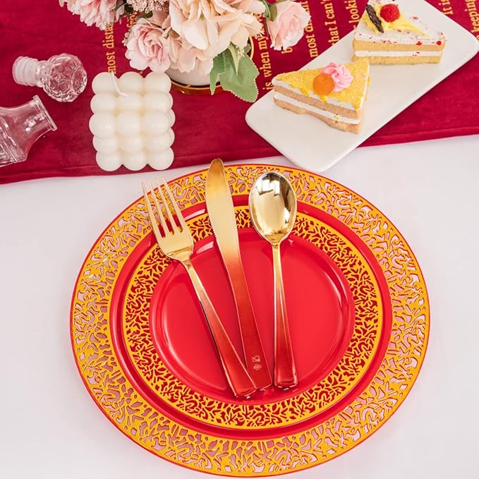 U-QE 150PCS Red and Gold Plastic Plates, Red Disposable Plates with Gold Rim for 30 Guests Include 30 Dinner Plates 10.25", 30 Salad Plates 7.5",30 Forks,30 Knives,30 Spoons Perfect for Party&Wedding