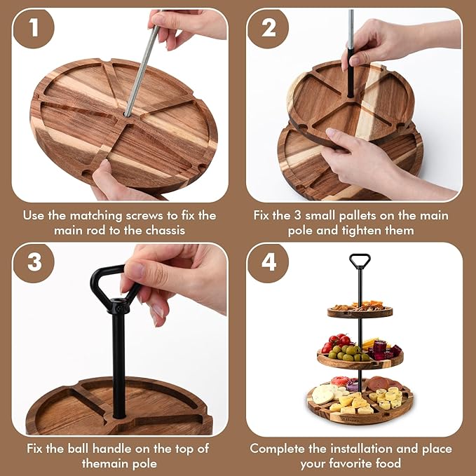 Elegant Charcuterie Boards Three Tiered Acacia Cheese Board and Cupcake Stand with 360° Easy-to-Spin Trays, Perfect for Gatherings, Housewarming Gifts, Celebrations, and Daily Usage.