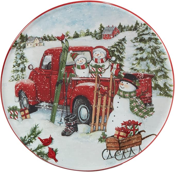 Certified International Red Truck Snowman 6" Canape/Luncheon Plates, Small, Multicolor, Set of 4 (Pack of 3)