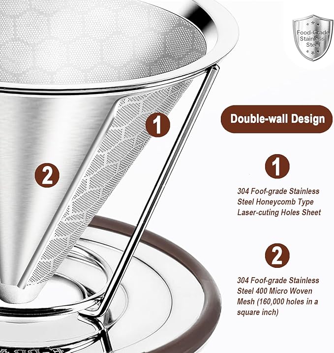 Pour Over Coffee Dripper, Stainless Steel Filter, Easy to Clean Paperless Pour Over Coffee Maker,Reusable Filter, Cone Dripper with Removable Cup Stand