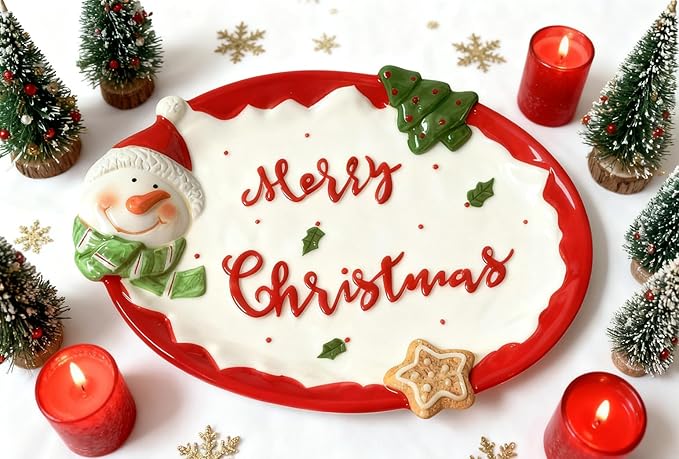 White Oval Xmas Snacks Appetizer Trays Sets, Christmasman Dessert Porcelain Serving Dishes, Snack Platter, Food Cereal Salad Bowl, Christmas Santa Claus High Relief Ceramic Plate - White