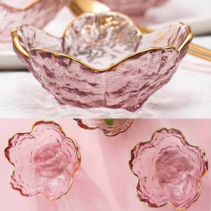 Seasoning bowls with gold rim,6 pcs Pink Cherry Flower Crystal Glass Appetizer Plates dipping bowls ice cream Sushi,pink glass plates mini for charcuterie board (Phnom Penh)