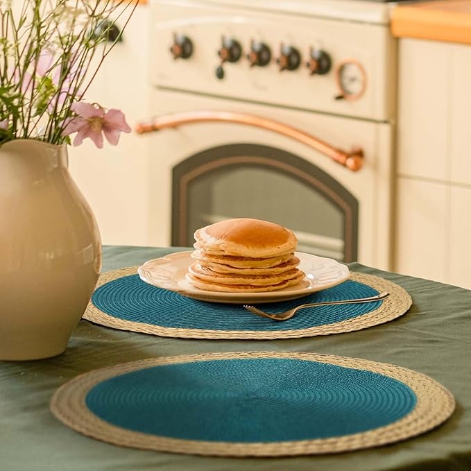Noctiflorous Round Placemats Set of 4, 15 Inch Braided Hand Woven Table Mats, Heat Resistant Non-Slip Wipeable Wide Edge Place Mats for Kitchen Dining Indoor Outdoor Use(Blue, 4)