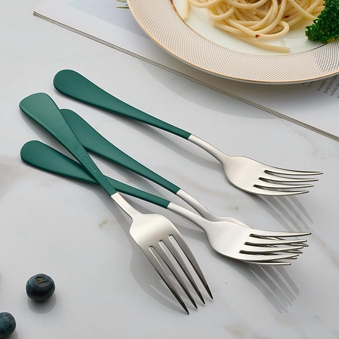 24 piece Green Forks and Spoons Silverware Set,Green Handle Silverware 18/0 Stainless Steel Flatware Bulk Forksand Spoons Dessert Forks of 24