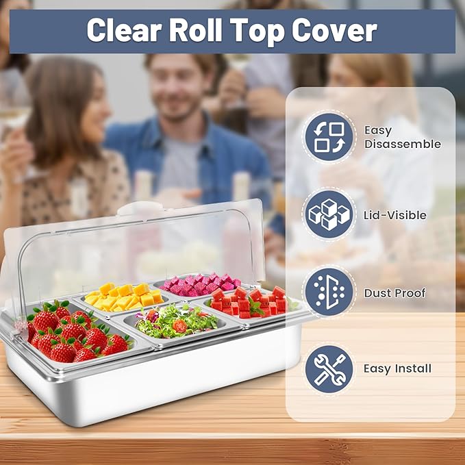 Countertop Ice Food Serving Display Tray with 5 Pan, Salad Bar Buffet Station for Home, Cold Food Buffet Server, Pizza Topping Station, Cold Buffet Table Serving Station for Party