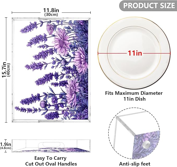 Serving Tray with Handles Clear Acrylic Tray 12x16 Inch Decorative Rectangular Tray Organizer for Ottoman Coffee Table Bathroom Purple Chrysanthemum and Lavender