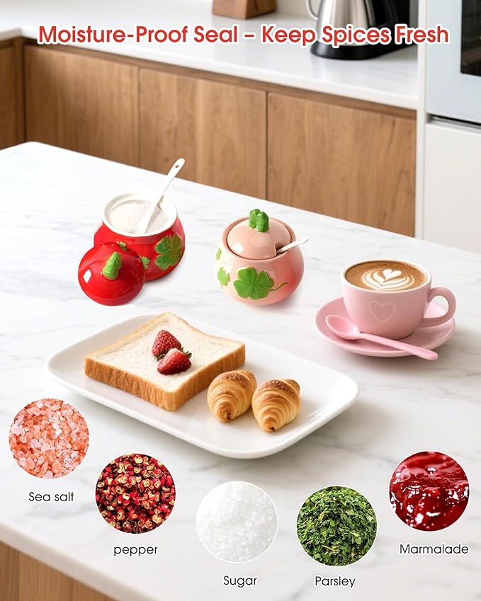 Sugar Bowl Set of 2 with Lid and Spoon Sugar and Salt Container Set,Decorative Spice Jar for Kitchen,Coffee,Dining Table & Tea Time,Ceramic Sugar Bowl and Creamer Set for Salt,Sugar,Jam or Honey