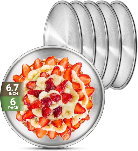 Stainless Steel Plates, 6 Set 6.7 inch 304(18/8) Metal Food Serving Plate, Reusable Snack Eating Dishes Round Shatterproof Plate Silver Dinnerware for BBQ Dinner Oven Dishwasher Safe