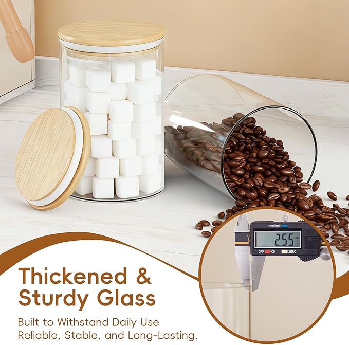 Sugar Jar Glass Salt Container,32 Ounces Clear Airtight Caning with Bamboo Lid, Storage Overnight Oats, Salts, Coffee Bean, Spice, Creamer, Food Organizer, Pack of 6