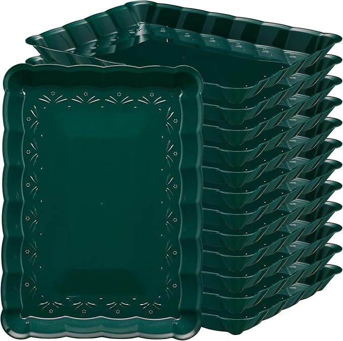 Plasticpro Plastic Christmass Green Serving Trays - Serving Platters Rectangle 9X13 Disposable Party Dish Includes 12