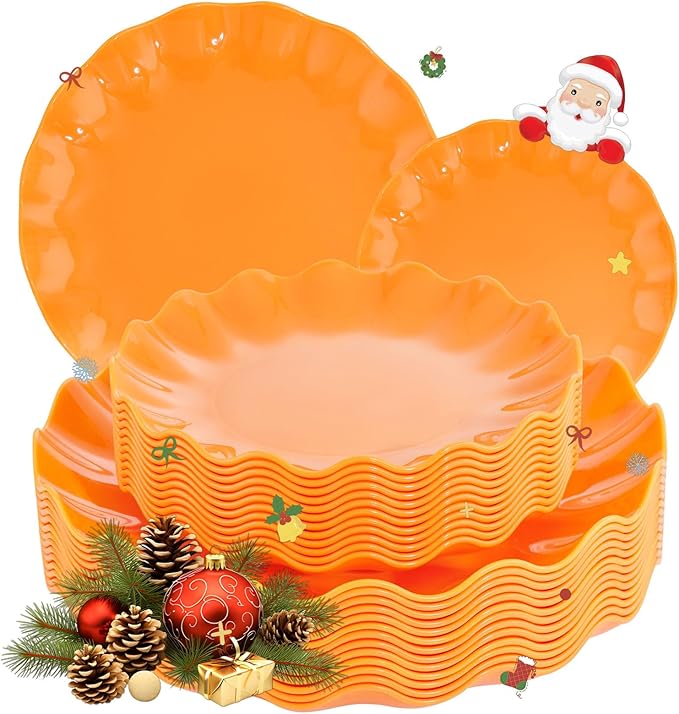 LIYH 24 Pcs Orange Plastic Plates Reusable Orange Plates Scalloped Plastic Plate for Holiday Party Dishwasher Safe Sturdy Reusable (12 Guests) Suitable for Holiday Gatherings
