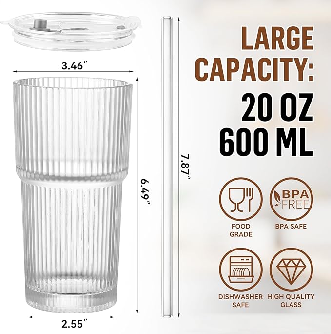 CWHHRN 20 oz Glass Cup with Lid and Straw, Glass Tumbler with Straw and Lid, Vintage Glassware for Whiskey Cocktail Beer, Iced Coffee Cups with Lid (3 PACK)