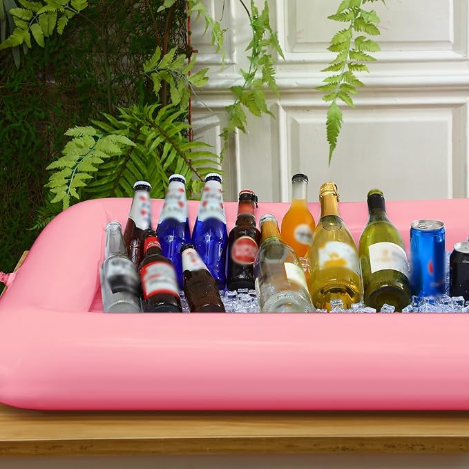 Large Inflatable Serving Bar 72 x 30 x 5'' Inflatable Ice Serving Buffet Bar Inflatable Cooler Ice Buffet Salad Serving Trays with Drain Plug for Pool Outdoor Party Picnic(Pink,1 Pack)