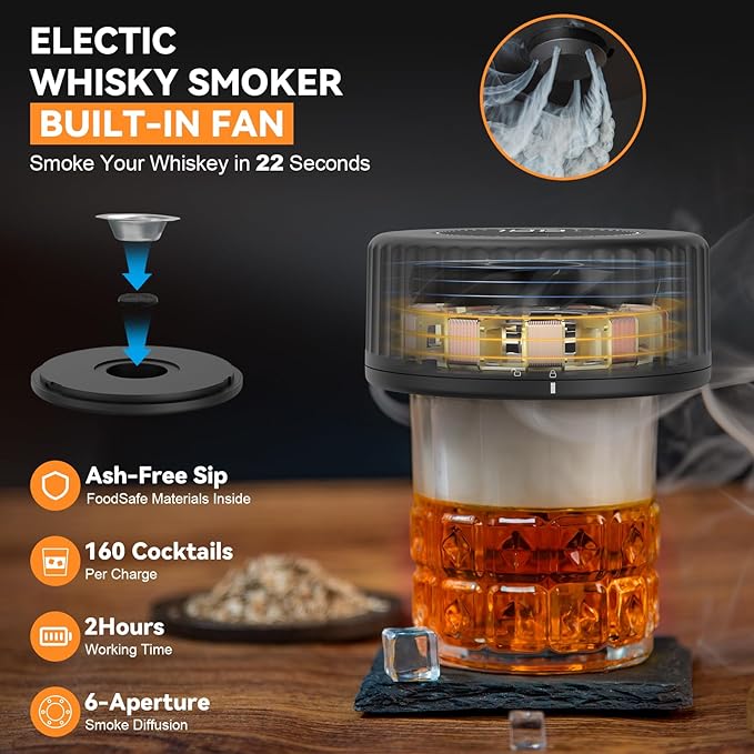 Electric Whiskey Smoker kit - Built-in Lighter (No Butane）Drink Smoker, 6 Wood Chip Flavors, Rechargeable Cocktail Smoker Kit, Birthday Bourbon Whiskey Gift, Suitable for Men, Dad, Husband