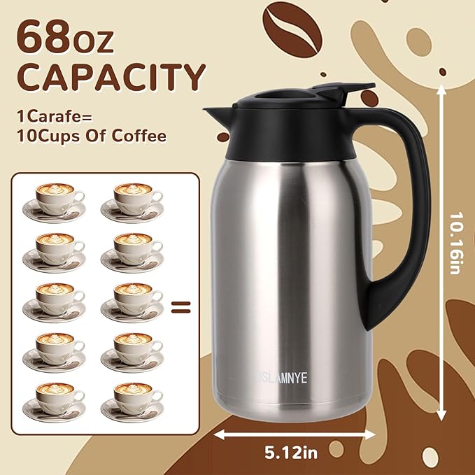 68 oz Coffee Carafe for Keeping Hot - 12 Hour Hot Drinks and 24 Hour Cold Drinks Stainless Steel Insulated Pot with Anti-Drip Spout, 316 Food Grade Thermal carafe Pot for Home/Camping/Office Silver