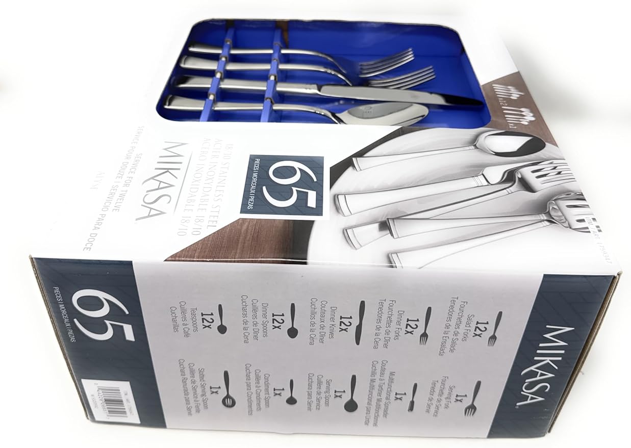 Mikasa, Alyse Flatware Service for 12, 65 Piece Set, 18/10 Stainless Steel, Silverware Set with Serving Utensils