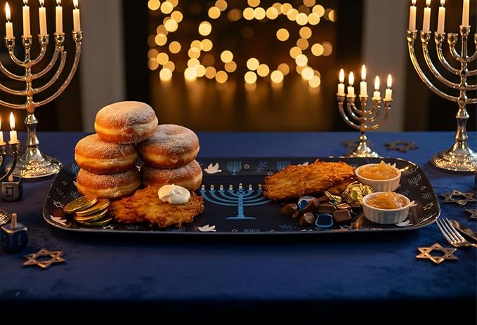 UPware Hanukkah Melamine Serving Tray, 15 x 6.5 Inch Rectangular Serving Platter, BPA Free Food Tray for Party Entertaining