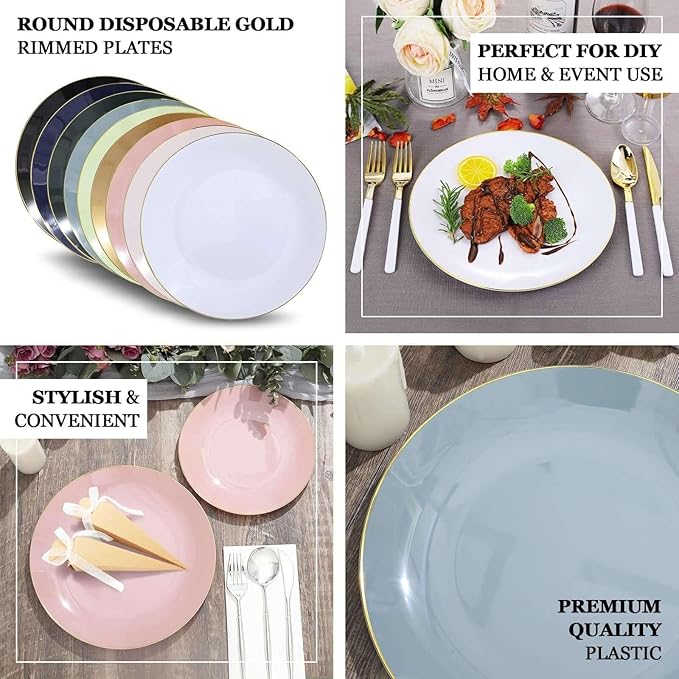Efavormart 10 Pack | 10" Glossy Dusty Blue Round Plastic Dinner Plates With Gold Rim, Disposable Party Plates