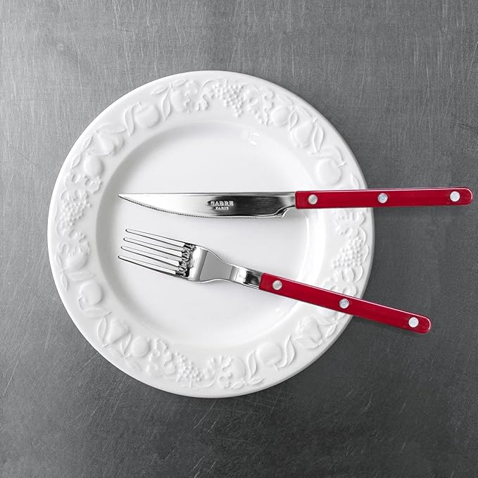 SABRE PARIS - 5-Piece Flatware Set - Bistrot Collection - Knife, Fork, Soup Spoon, Teaspoon & Dessert Fork - Stainless Steel & Nylon - Dishwasher Safe - Burgundy - Brilliant Finish