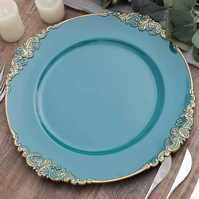 13" Charger Plates -Set of 24 - Acrylic Teal Round Baroque Disposable Chargers Leaf Embossed Rim, Ideal for Dinner Party Wedding Bulk Events