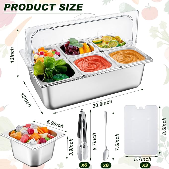 Tessco for you 16 Pcs Ice Food Spice Serving Display Countertop Chilled Condiment Container Set with Lid, Stainless Steel Salad Cold Caddy for Buffet Restaurant Kitchen Party(6 Compartments)