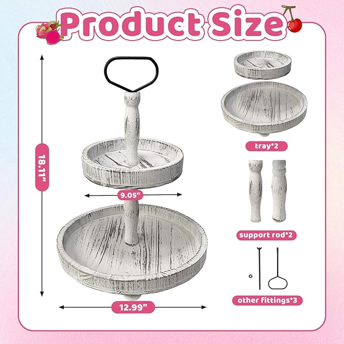 2-Tiered Round Wooden Tray Stand, Rustic Farmhouse Tiered Serving Tray for Home Decor Kitchen & Coffee Bar Centerpiece, Vintage White Wood 2-Tier Display Stand for Desserts, Cupcakes and More (White)