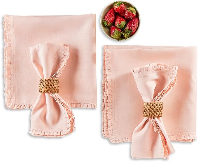 Solino Home Peach Cloud Linen Dinner Napkins 20 x 20 Inch - 100% Pure Linen Juliette Ruffle Cloth Napkins Set of 4 - Handcrafted and Machine Washable