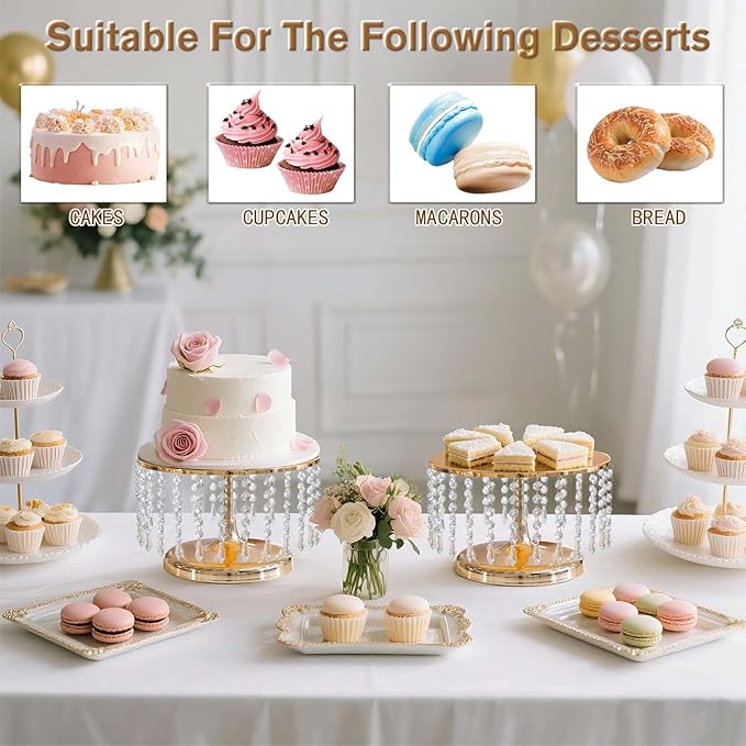 2 Pcs Gold Metal Mirror Cake Stand Set with Crystal Pendants - 11.8"W Elegant Dessert Table Display for Weddings, Birthday Parties, Baby Showers, Events - Sturdy Crystal Bling Cupcake Stands for Pastries, Sweets, Decorations