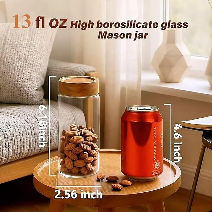 6 -Piece 13 fl oz Food-Grade Glass Mason Jars with Acacia Wood Lids, Sealable Waterproof, Transparent Easily Stackable for Overnight Oats, Spice Storage & Snack Organizing