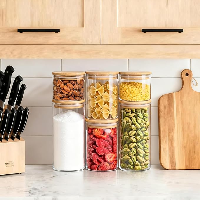 Comsaf Glass Storage Containers With Lids Set Of 6 (0.6qt/1qt/1.5qt),Glass Pantry Storage Containers, Glass Jars With Lid, Glass Canisters For Kitchen Flour Cereal Sugar Tea Coffee Beans Snacks