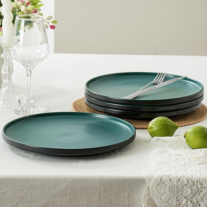 Ceramic Dinner Plates, 10.25 Inch Flat Dish Set for 4, Perfect for Family and Entertaining, Microwave & Dishwasher Safe, Dinner Dishes for Steak, Sandwiches, Pizza, Pasta, Modern Green