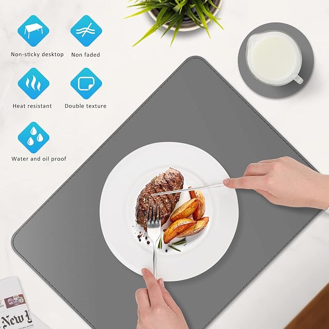 Vinyl Placemats Set of 6, Faux Leather Heat Resistant Kitchen Place Mats, Waterproof Wipeable Dining Table Mats and Coasters for Indoor, Outdoor (Gray)